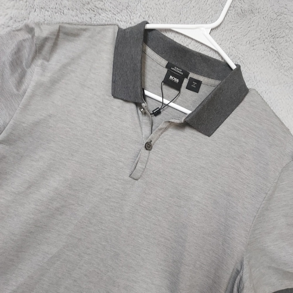 NEW Boss Polo Shirt Mens Large Slim Fit Mercerized Cotton Striped Gray Preppy L